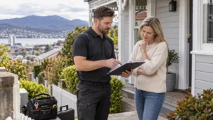 Homeowner reviewing a written plumbing quote with a professional plumber outside a traditional Hobart home.